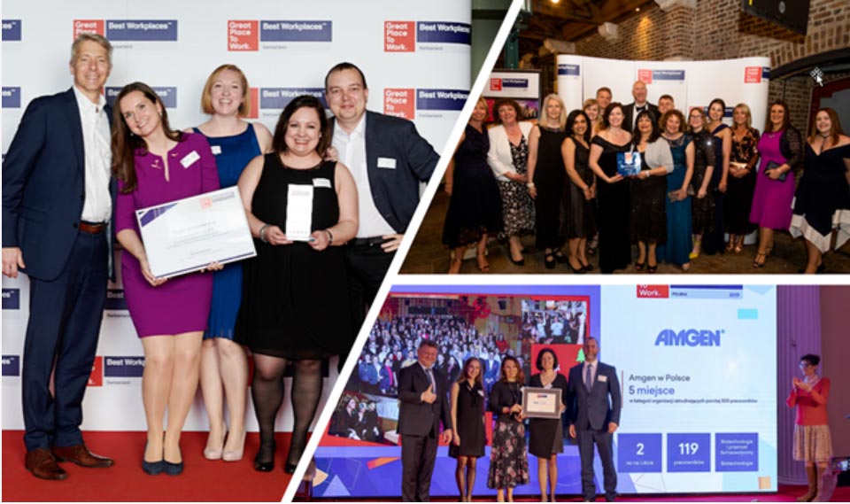 Pictures of Amgen employees pausing with awards in hand on the stage at Great Place to Work Awards ceremony 